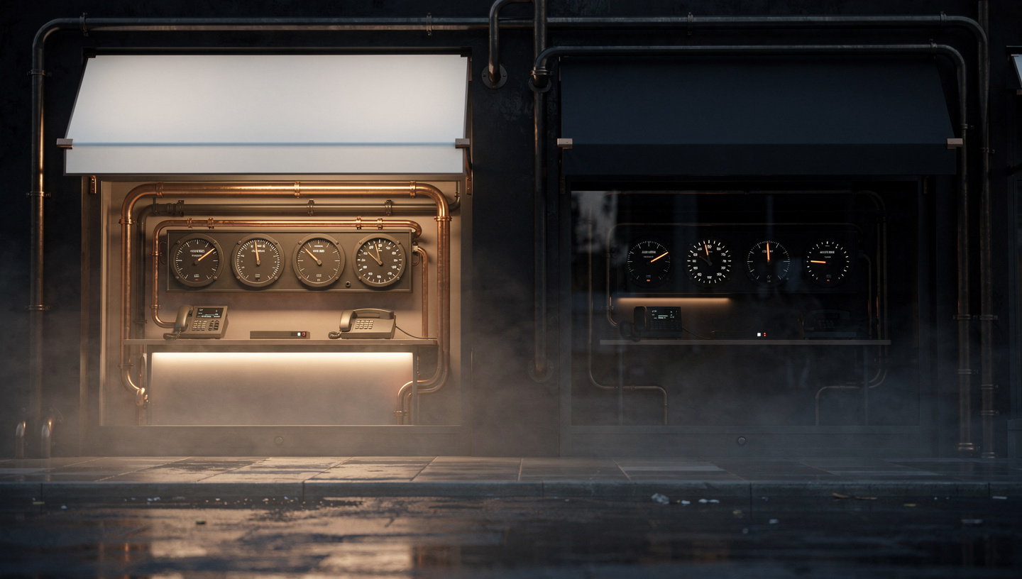 Two shopfronts at dusk, one lit and instrumented, one dark