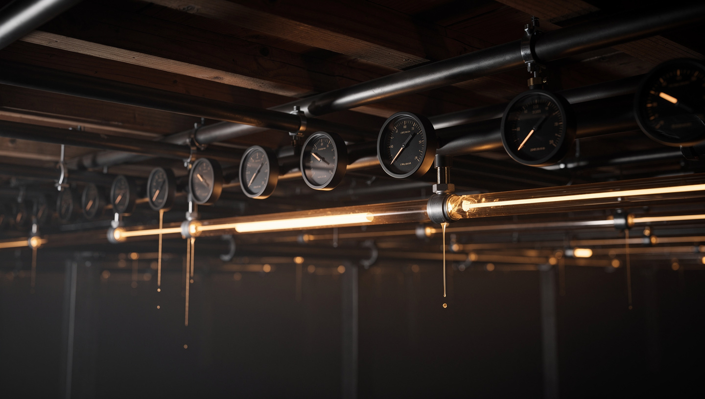 Under-floor engine room of conduits carrying bronze signal light