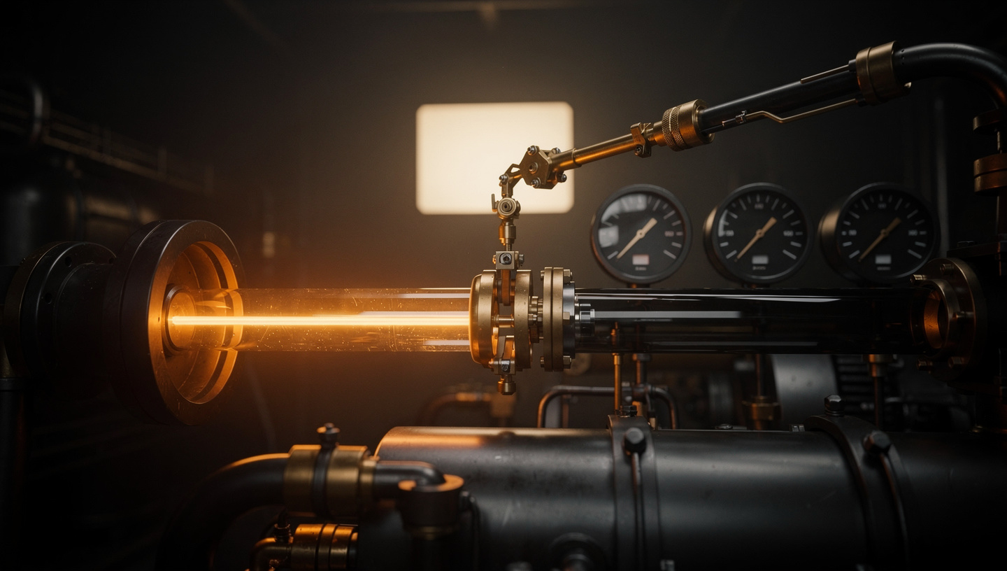 A single bright bronze pulse travelling inside a glass line toward a destination panel