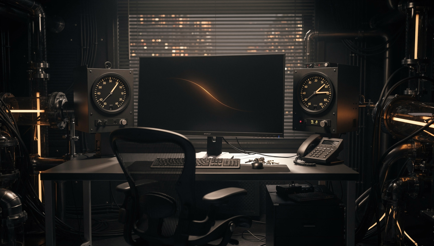 Dark control room at night, empty chair, resting dashboard, keys and phone on the desk